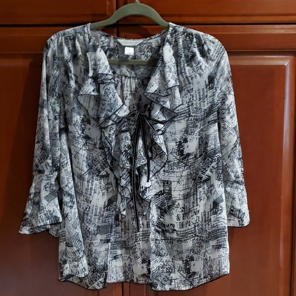 Christopher & Banks Black White Flowy Blouse Newspaper Print Cardigan Sheer Med. - Picture 3 of 16